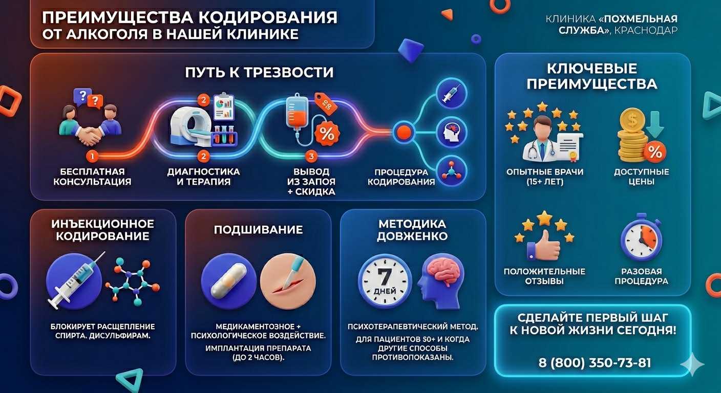 Инфографика о методах кодирования от алкоголя в Мацесте: инъекции, подшивание, метод Довженко. Преимущества клиники и этапы лечения.