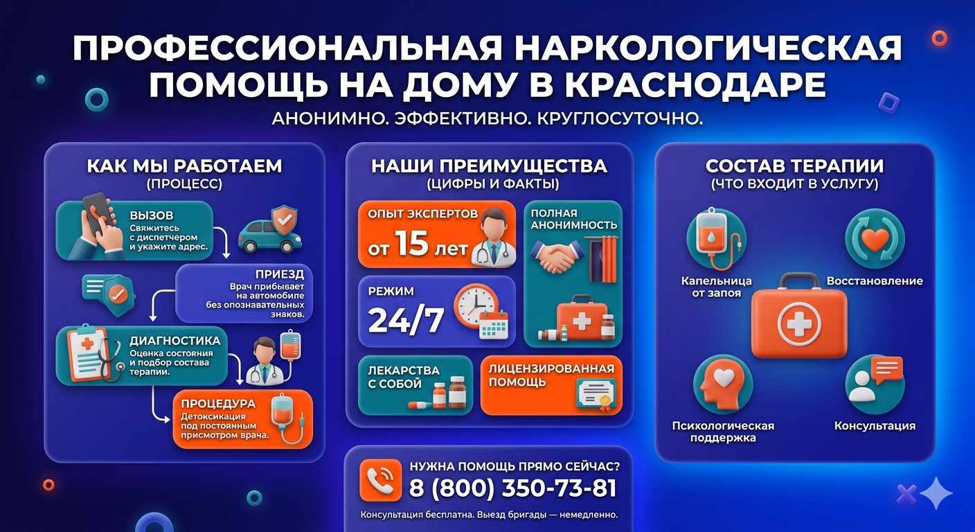 Инфографика о принципах лечения алкоголизма на дому в Мацесте: этапы вызова нарколога, преимущества анонимной детоксикации и состав медицинской помощи.